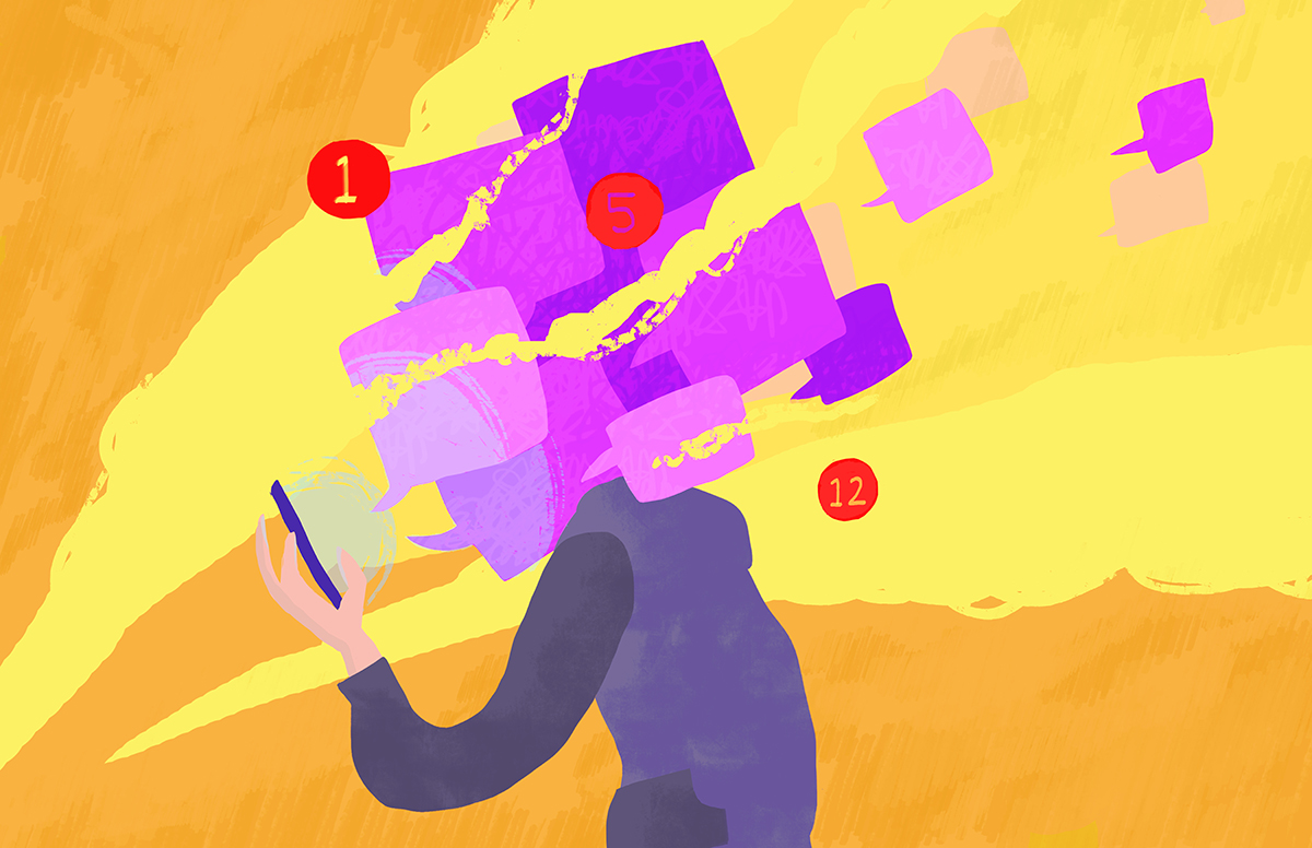 Graphic illustration of a figure hoding a phone up, head obscured by text speech buttles and circular numbers, yellow brush strokes emphasize movement from phone to figure