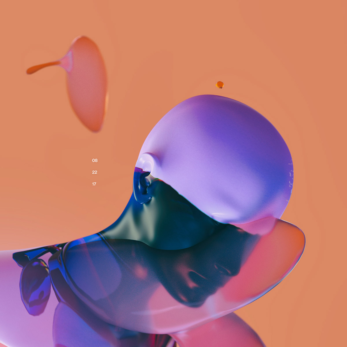 Digital rendering of humanoid android figure, looking down from side, drips with lavenders and blues on hot peach background. Small white text shows numbers.