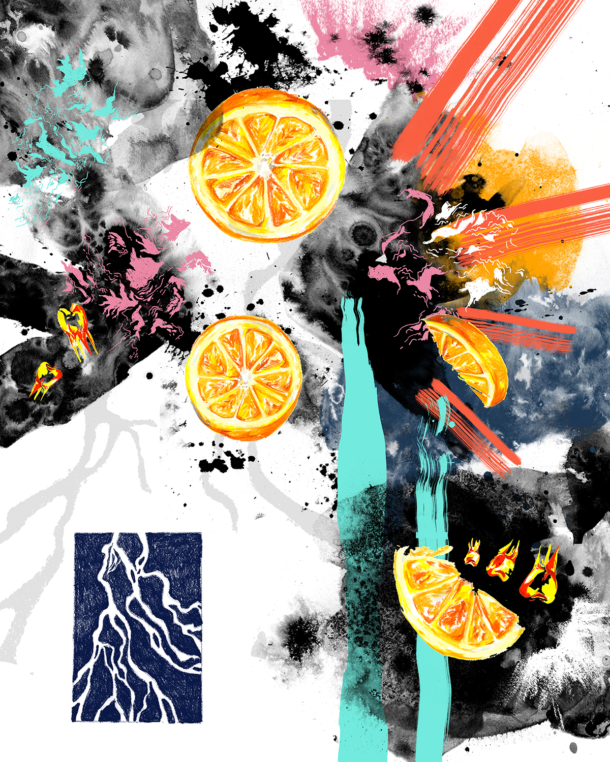 Expressive mixed media painting with slices of oranges and expressive, explosive brushstrokes