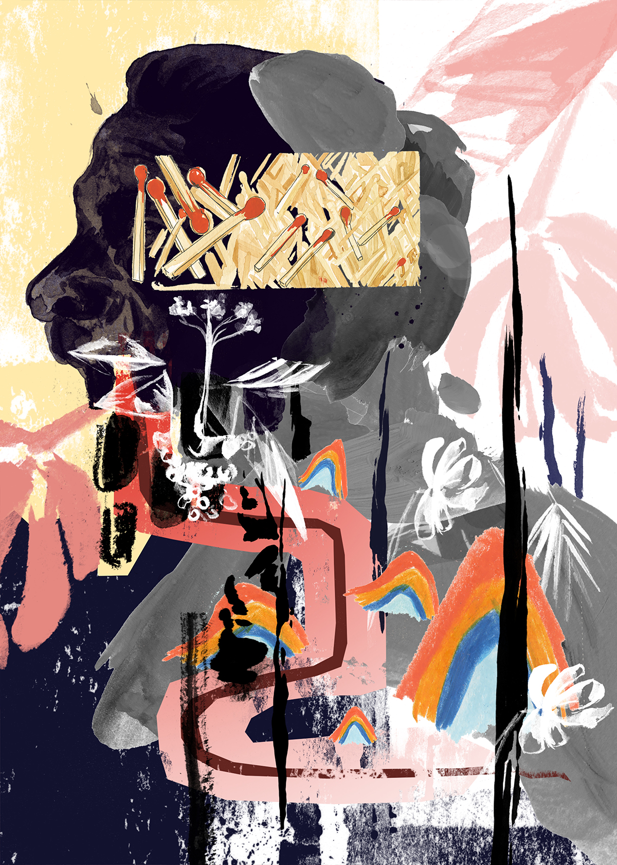 Expressive mixed media painting, black silhouetted profile-view of head with a block of mixed matches overlaid, winding brush strokes and rainbows flowing downward