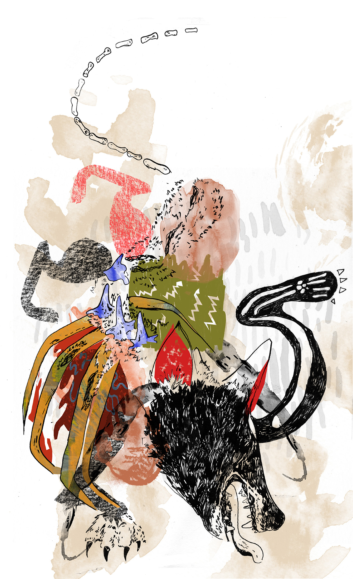 Chaotic abstract mixed media illustration of wolf dog made up of line work, colorful brush strokes and black ink