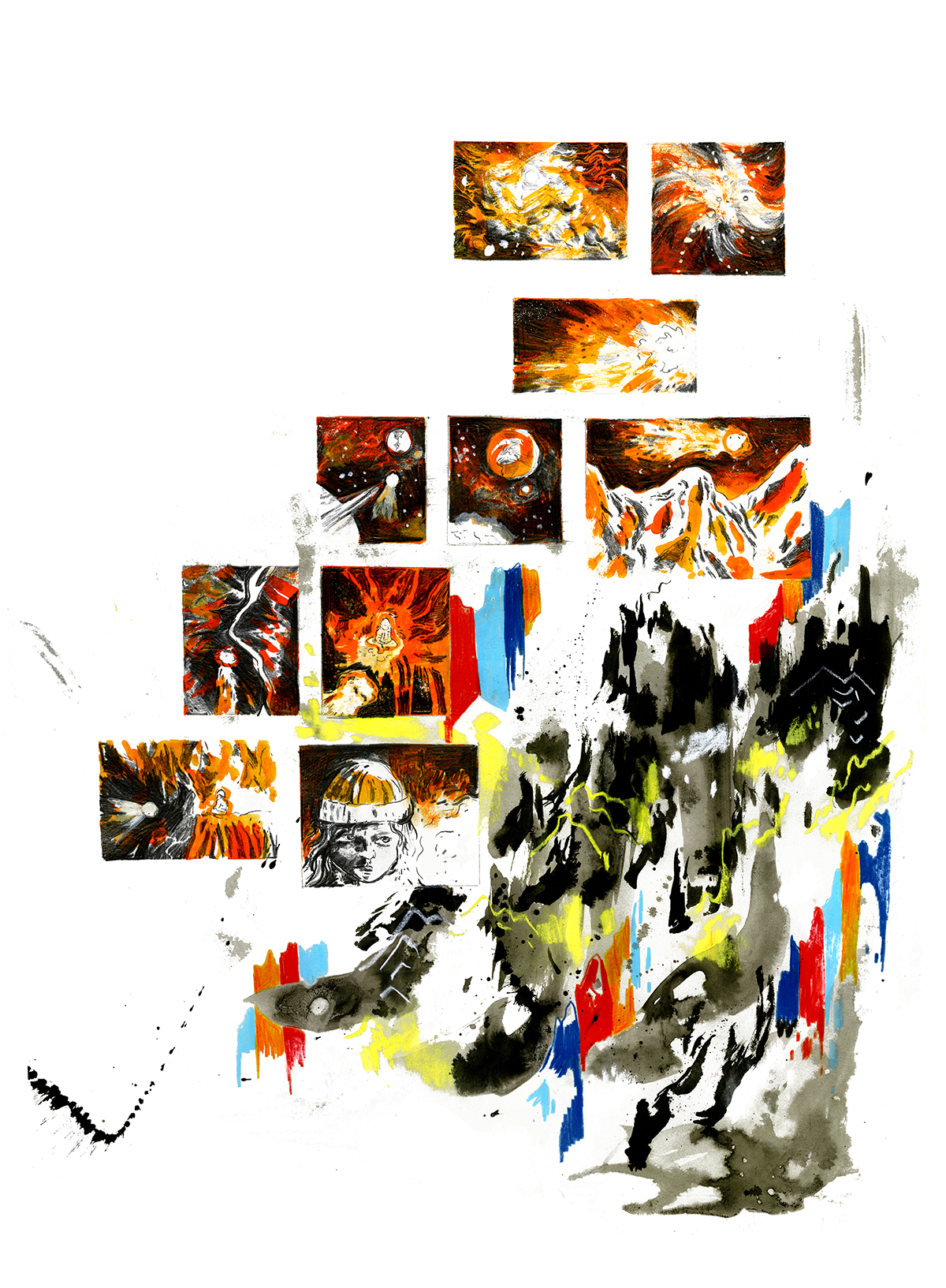 Mixed media illustration of colorful squares with space scenes stacked against a white background. Build up of colors and inks in lower right corner