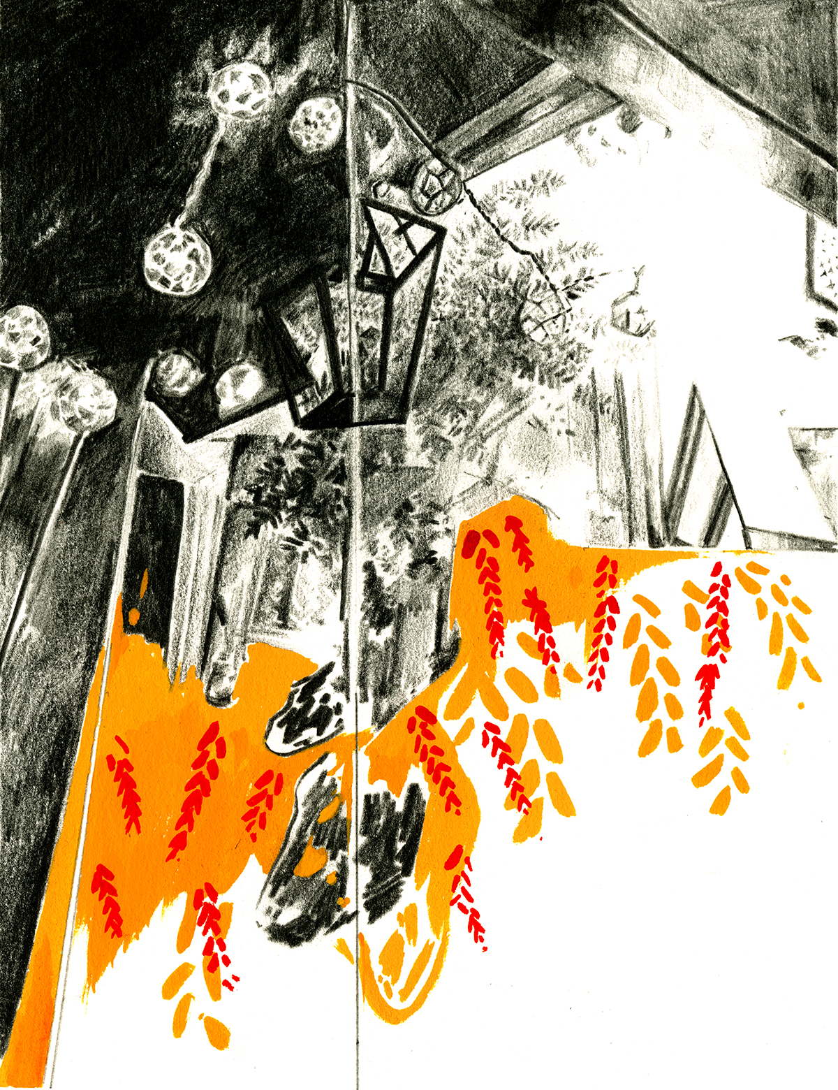 Abstract mixed media painting, black pencil and ink, with orange and rad foliage shapes below